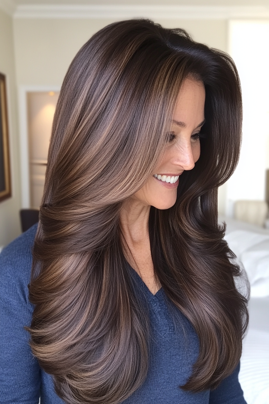 28. Dark Chocolate Long Layers (Long Hairstyles For Women Over 60) - Long Hairstyles For Women Over 60
