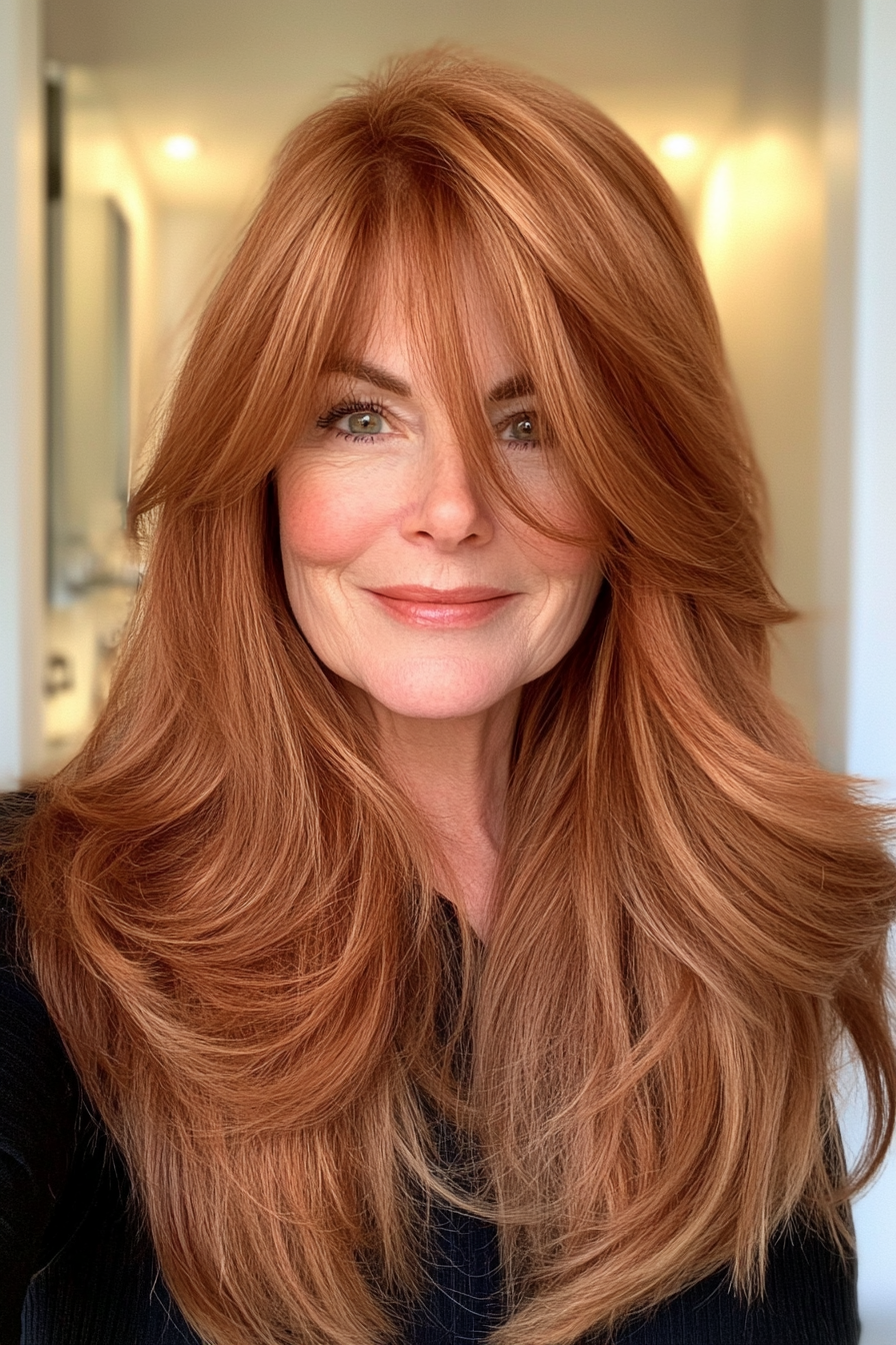 26. Soft Copper Layers with Bangs (Long Hairstyles For Women Over 60) - Long Hairstyles For Women Over 60