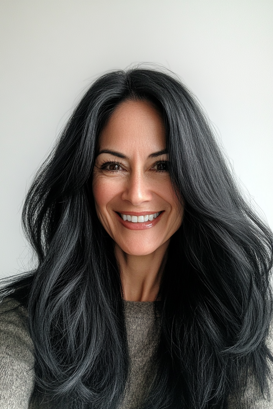 24. Natural Black with Subtle Highlights (Long Hairstyles For Women Over 60) - Long Hairstyles For Women Over 60