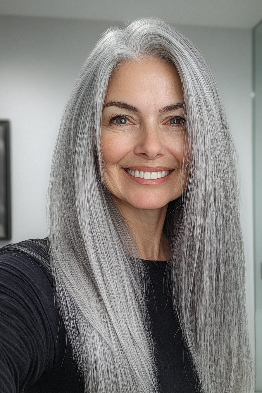 23. Steel Gray Blunt Cut (Long Hairstyles For Women Over 60) - Long Hairstyles For Women Over 60