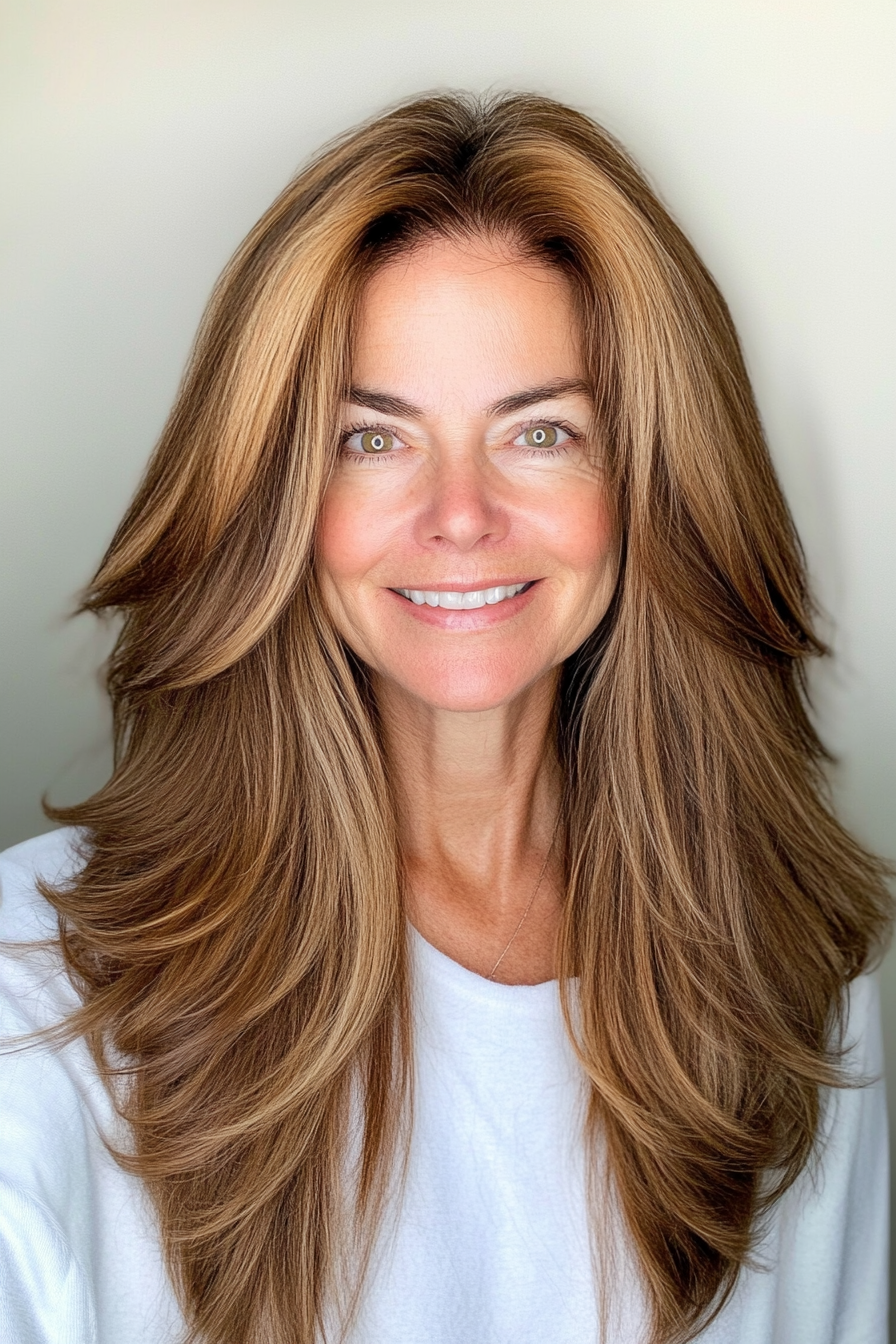 22. Warm Hazelnut Textured Layers (Long Hairstyles For Women Over 60) - Long Hairstyles For Women Over 60
