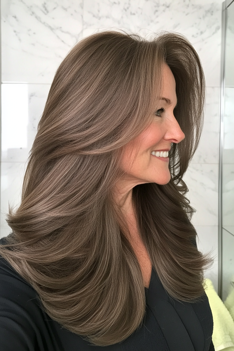 19. Ash Brown Long Layers (Long Hairstyles For Women Over 60) - Long Hairstyles For Women Over 60