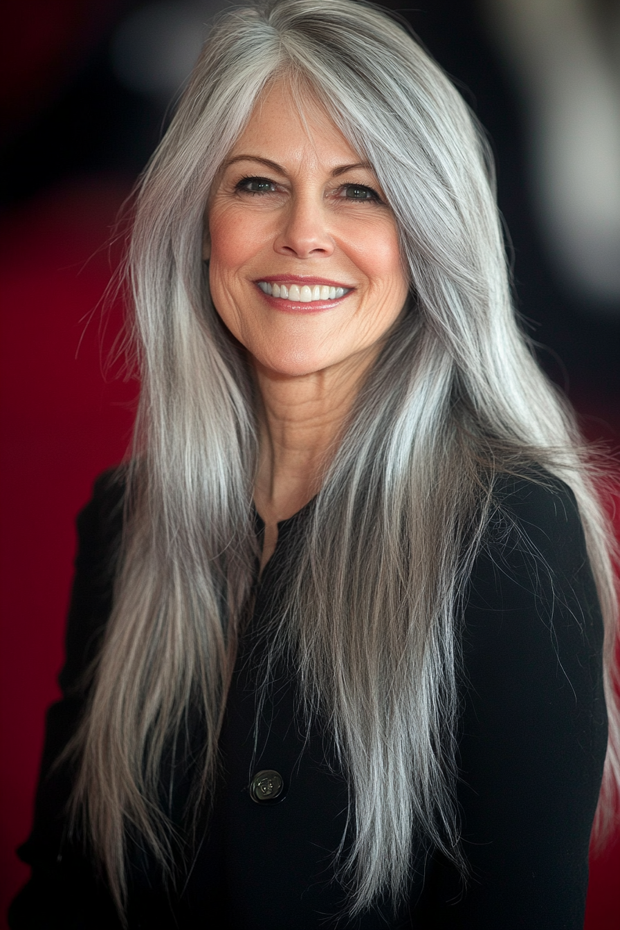 20. Silver Streaked Tapered Cut (Long Hairstyles For Women Over 60) - Long Hairstyles For Women Over 60