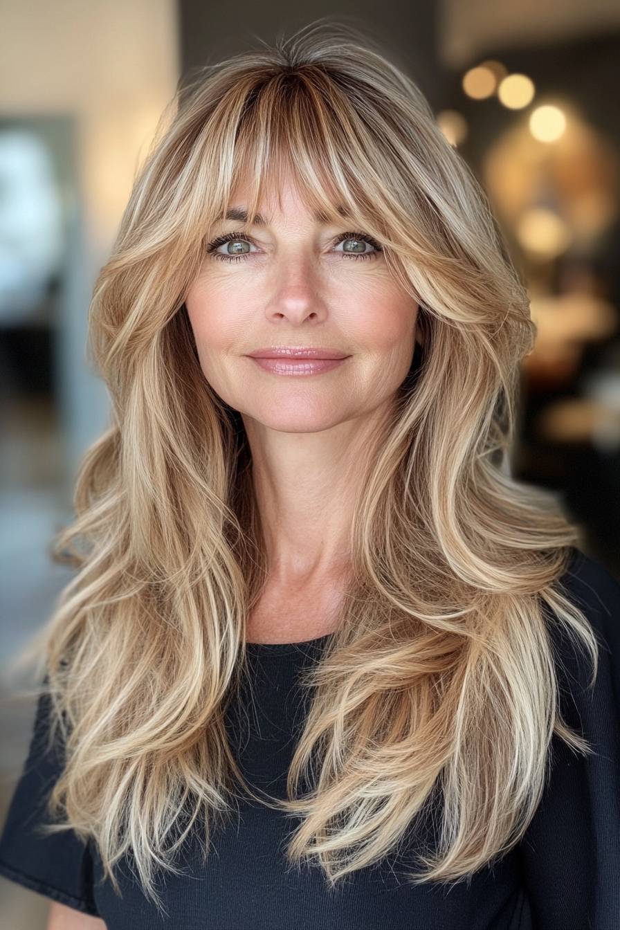 18. Honey Blonde Long Shag with Bangs (Long Hairstyles For Women Over 60) - Long Hairstyles For Women Over 60