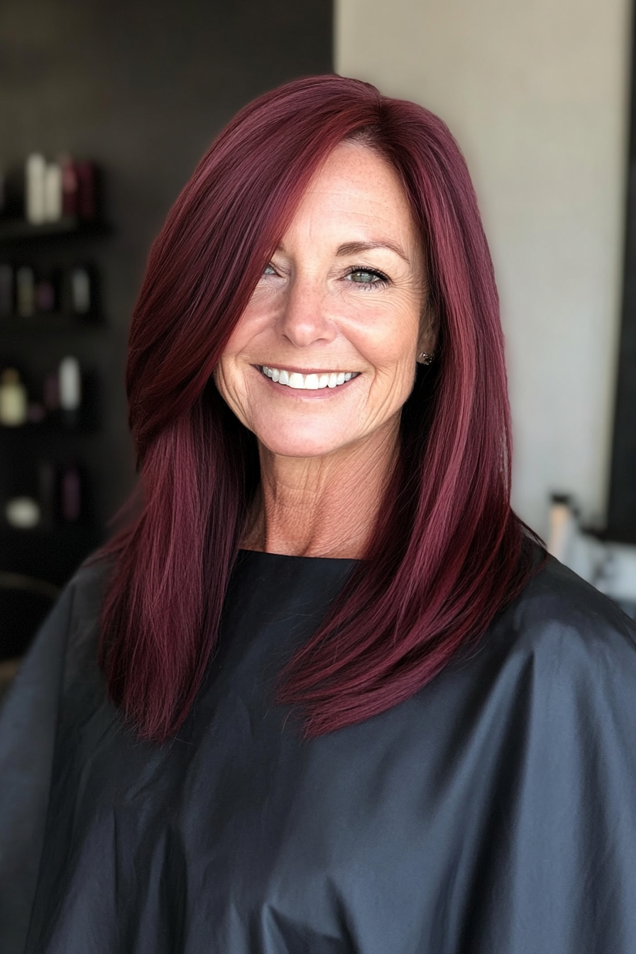 17. Deep Burgundy Straight Cut (Long Hairstyles For Women Over 60) - Long Hairstyles For Women Over 60