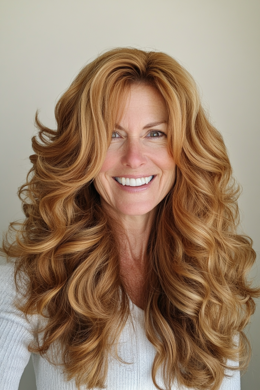 13. Golden Honey Curls with Layers (Long Hairstyles For Women Over 60) - Long Hairstyles For Women Over 60