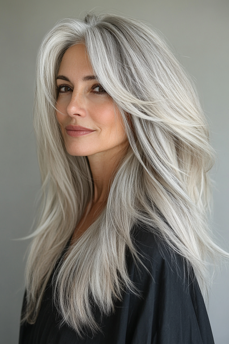 14. Natural Gray Feathered Cut (Long Hairstyles For Women Over 60) - Long Hairstyles For Women Over 60