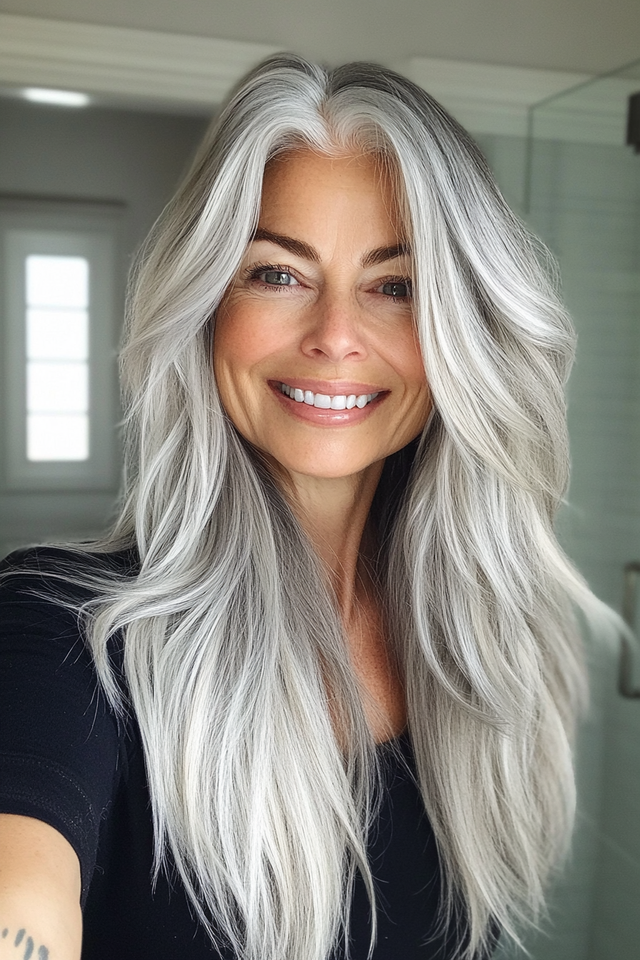 11. Silver Balayage Layered Cut (Long Hairstyles For Women Over 60) - Long Hairstyles For Women Over 60