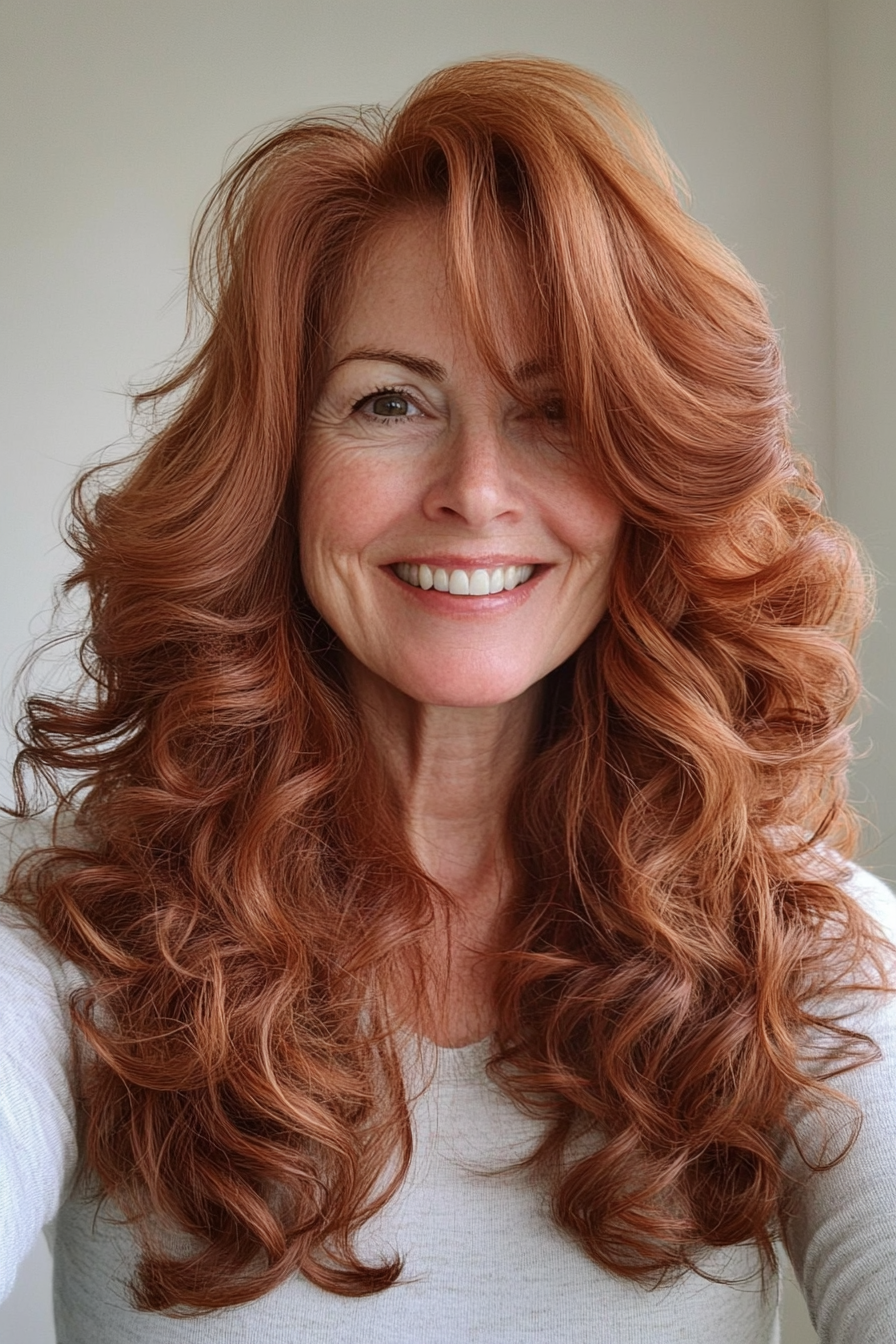 7. Soft Auburn Curly Layers (Long Hairstyles For Women Over 60) - Long Hairstyles For Women Over 60