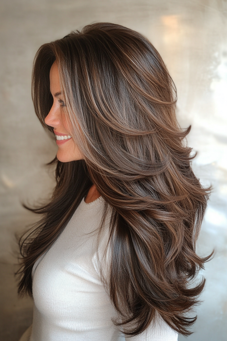 5. Dark Mocha Long Feathered Cut (Long Hairstyles For Women Over 60) - Long Hairstyles For Women Over 60