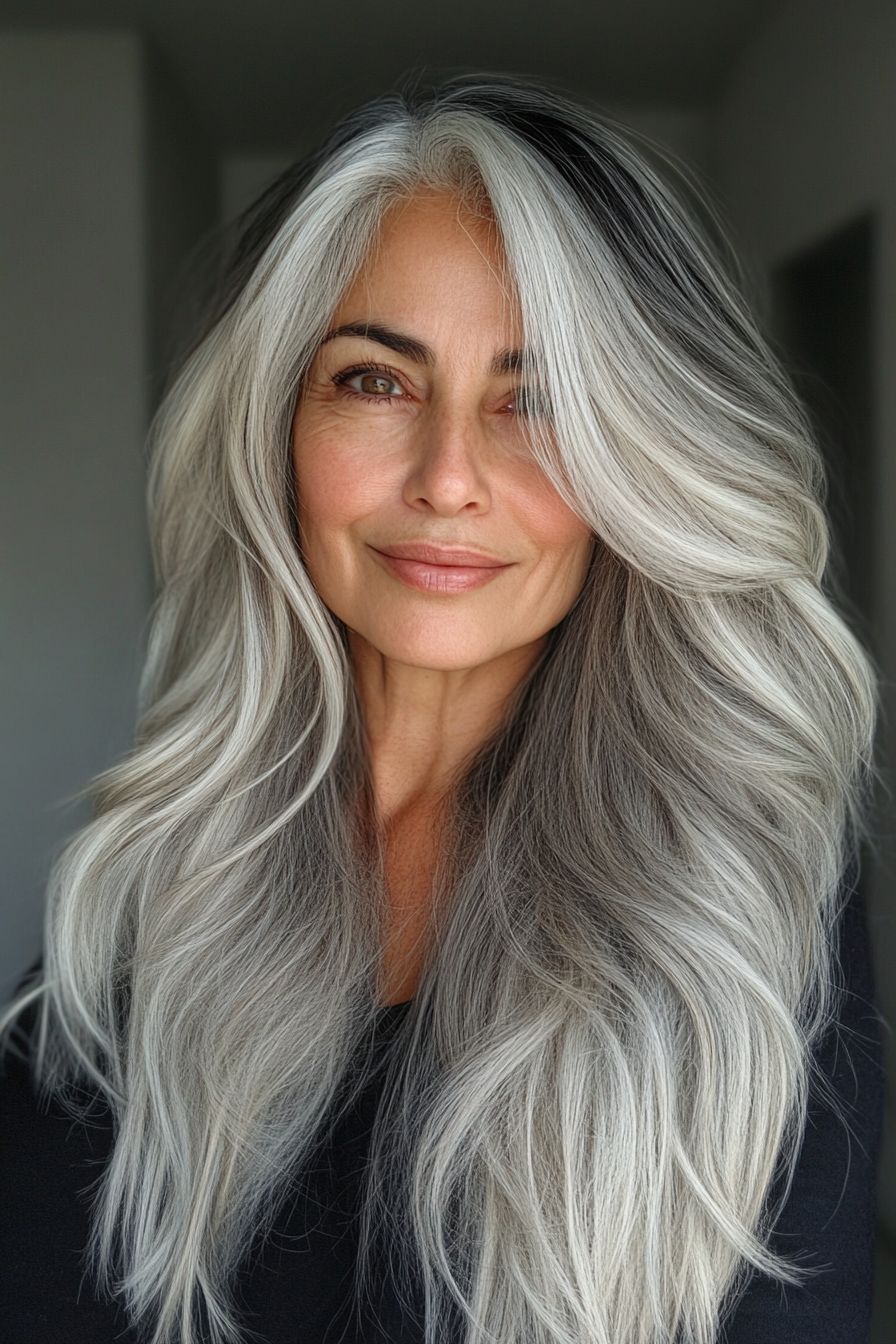 3. Salt-and-Pepper Layered Cut (Long Hairstyles For Women Over 60) - Long Hairstyles For Women Over 60