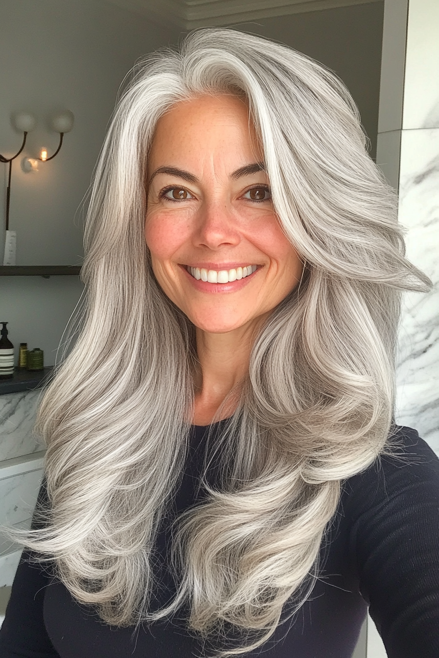 1. Classic Layered Silver Waves (Long Hairstyles For Women Over 60) - Long Hairstyles For Women Over 60
