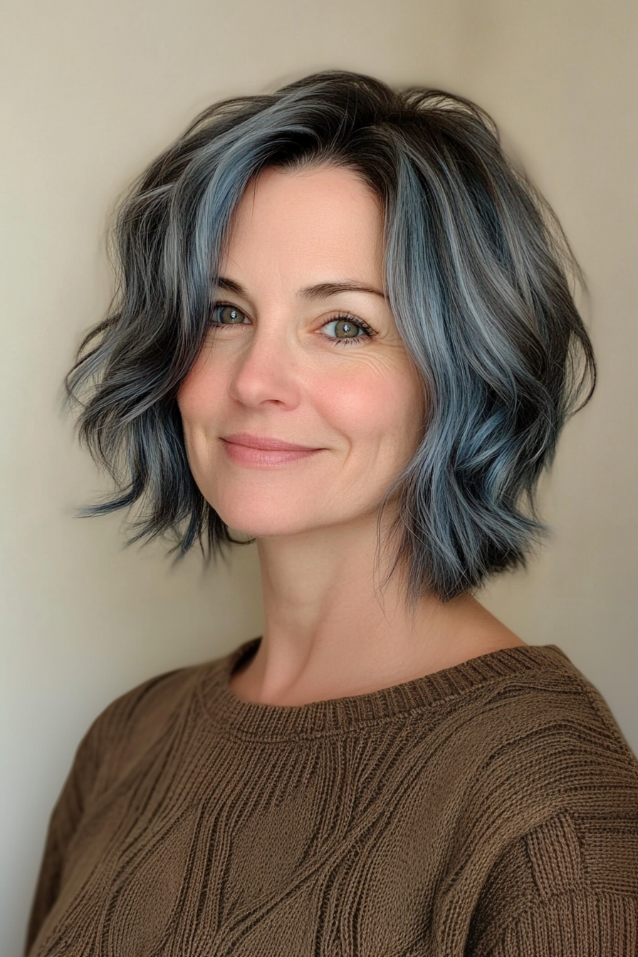 31. Chin-Length Shag with Smoky Blue Highlights (Short Hairstyles For Women Over 50 With Thick Hair) - Short Hairstyles For Women Over 50 With Thick Hair