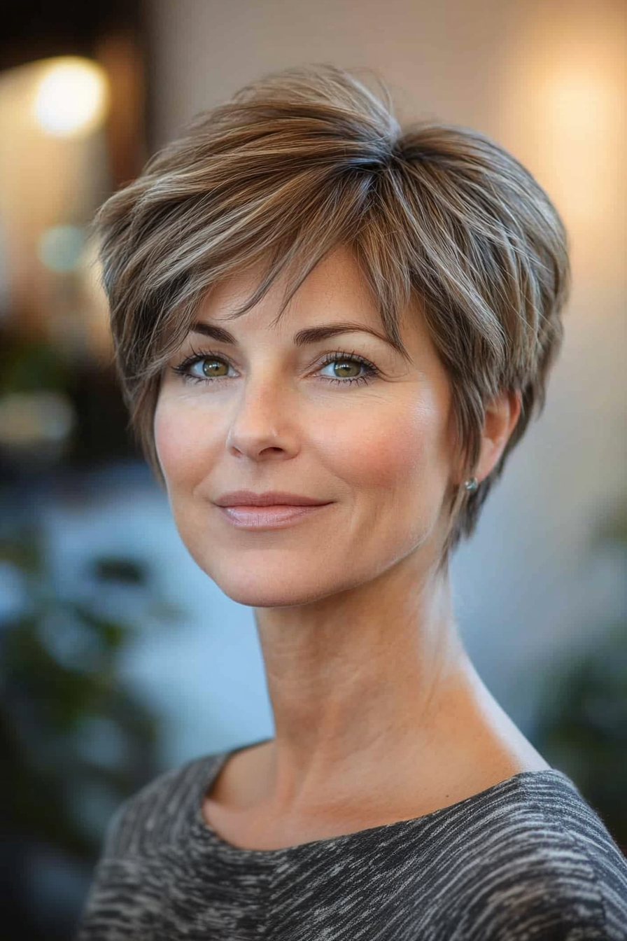 32. Boyish Crop with Golden Brown Accents (Short Hairstyles For Women Over 50 With Thick Hair) - Short Hairstyles For Women Over 50 With Thick Hair