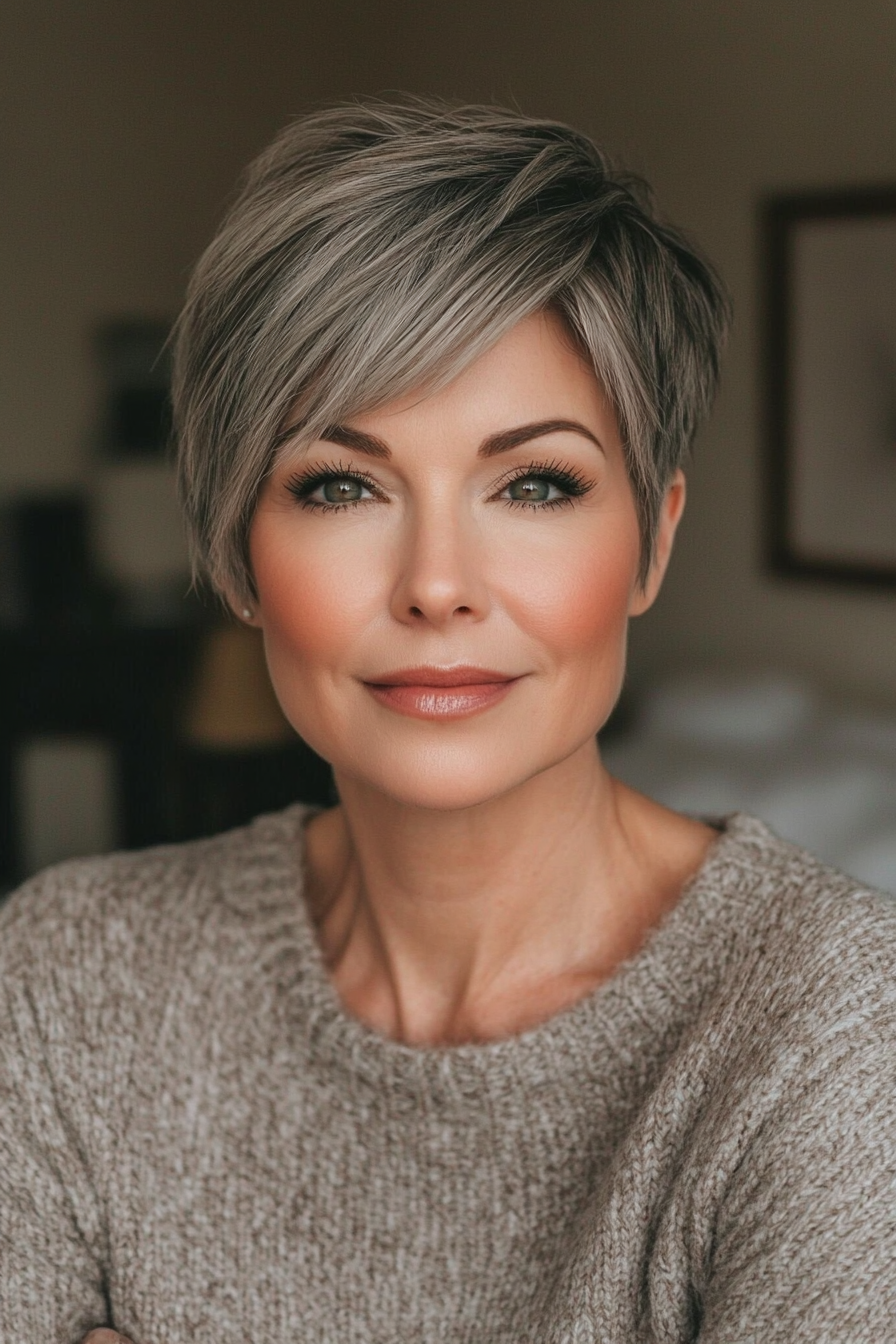 29. Pixie Bob with Subtle Ashy Balayage (Short Hairstyles For Women Over 50 With Thick Hair) - Short Hairstyles For Women Over 50 With Thick Hair