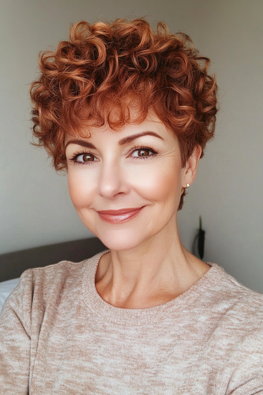 20. Short Curly Pixie with Rose Gold Tips (Short Hairstyles For Women Over 50 With Thick Hair) - Short Hairstyles For Women Over 50 With Thick Hair