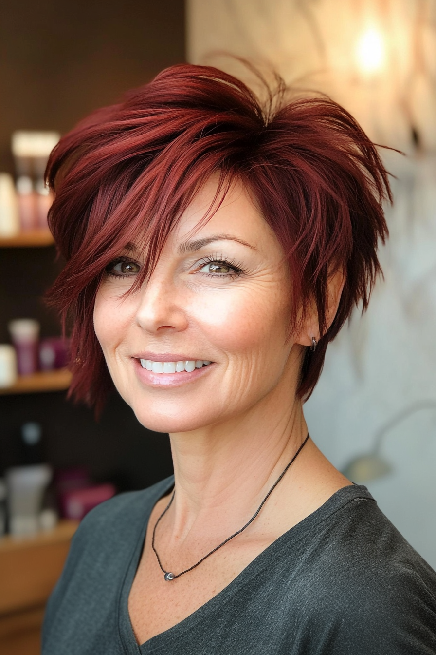 18. Edgy Crop with Burgundy Hues (Short Hairstyles For Women Over 50 With Thick Hair) - Short Hairstyles For Women Over 50 With Thick Hair