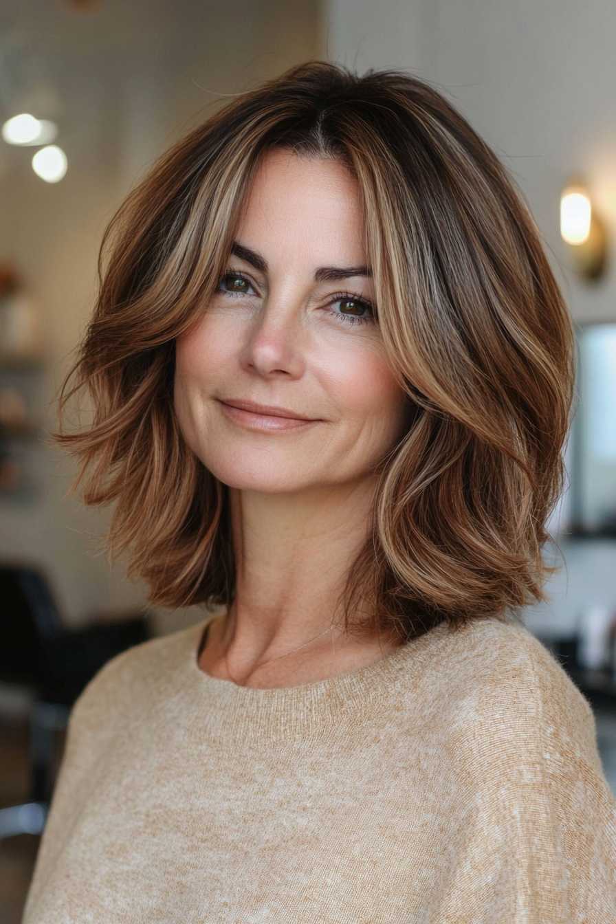 16. Layered Lob with Light Cinnamon Streaks (Short Hairstyles For Women Over 50 With Thick Hair) - Short Hairstyles For Women Over 50 With Thick Hair