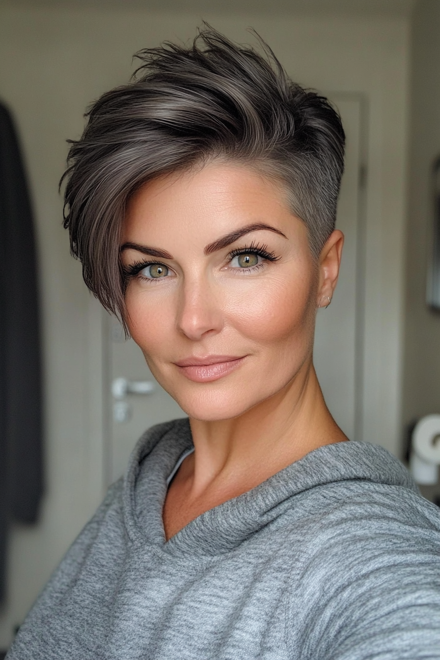 14. Short Undercut with Smoky Gray Top (Short Hairstyles For Women Over 50 With Thick Hair) - Short Hairstyles For Women Over 50 With Thick Hair
