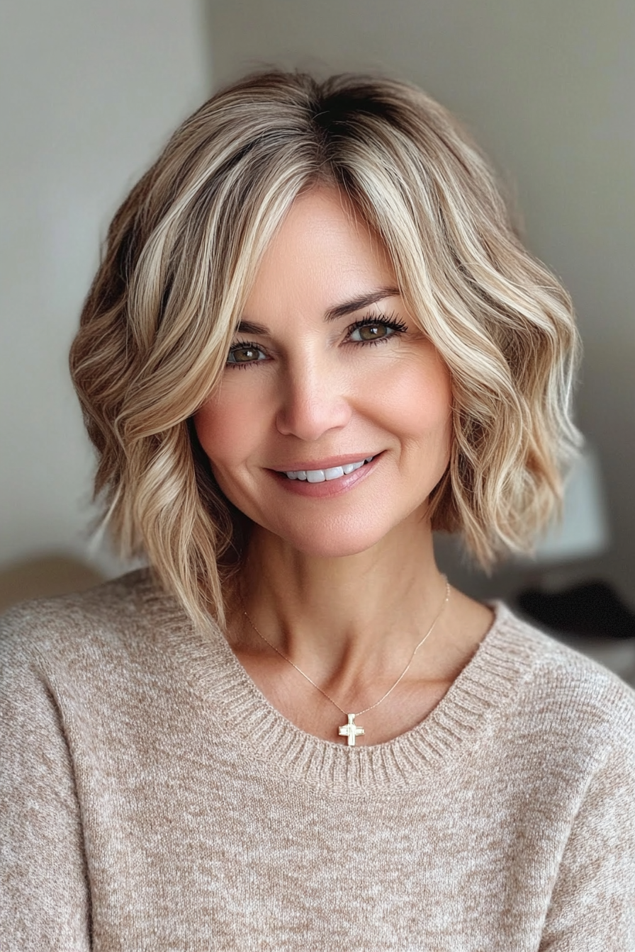 13. Wavy Crop with Golden Blonde Accents (Short Hairstyles For Women Over 50 With Thick Hair) - Short Hairstyles For Women Over 50 With Thick Hair