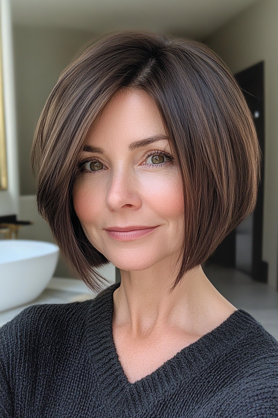 11. Angled Bob with Dark Chocolate Base (Short Hairstyles For Women Over 50 With Thick Hair) - Short Hairstyles For Women Over 50 With Thick Hair