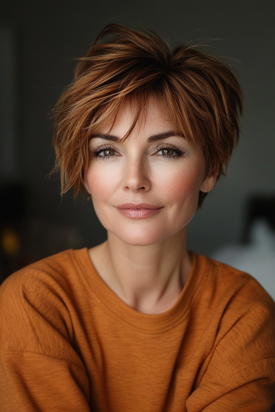 9. Asymmetrical Pixie with Copper Highlights (Short Hairstyles For Women Over 50 With Thick Hair) - Short Hairstyles For Women Over 50 With Thick Hair
