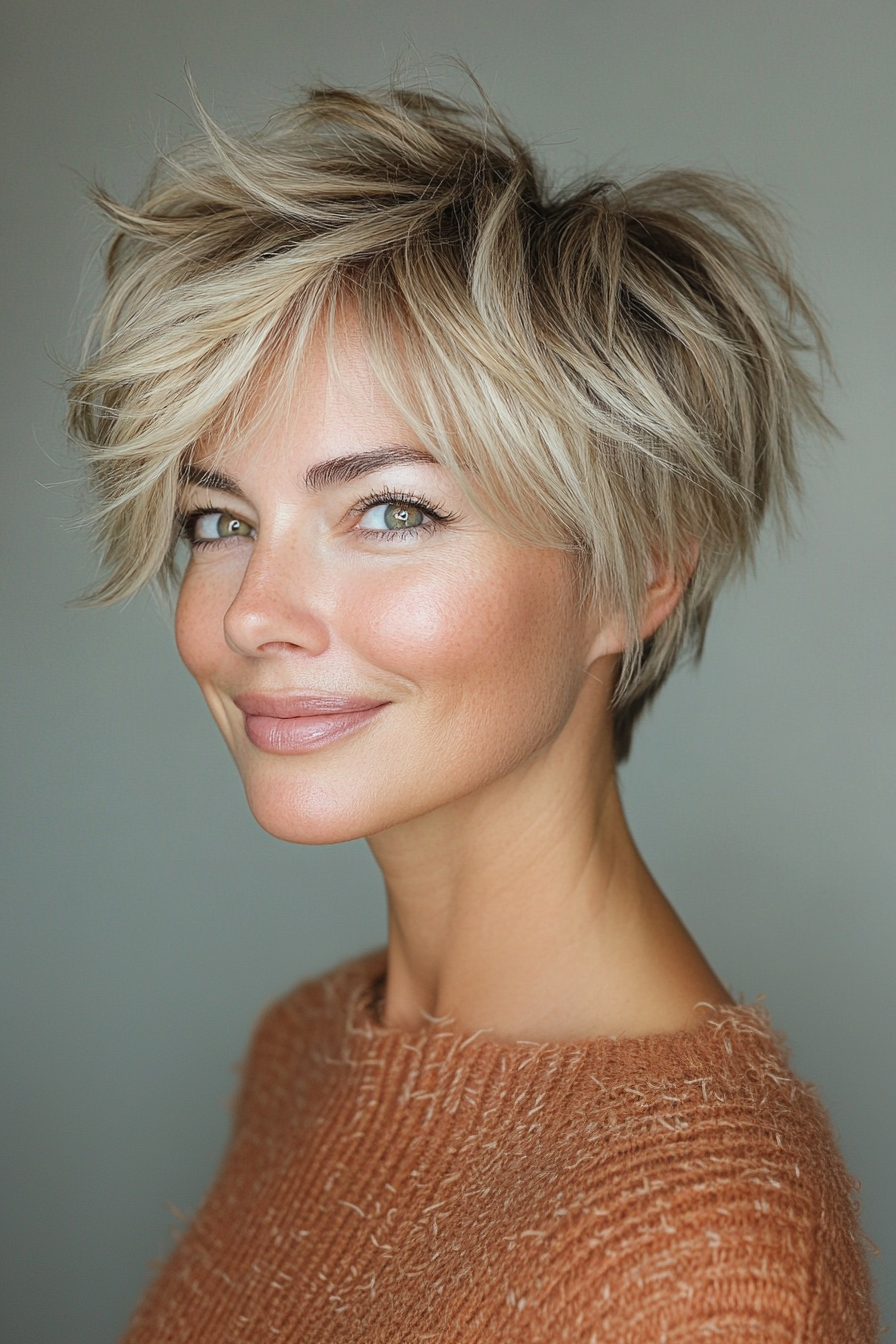 6. Tousled Crop with Sandy Blonde Highlights (Short Hairstyles For Women Over 50 With Thick Hair) - Short Hairstyles For Women Over 50 With Thick Hair