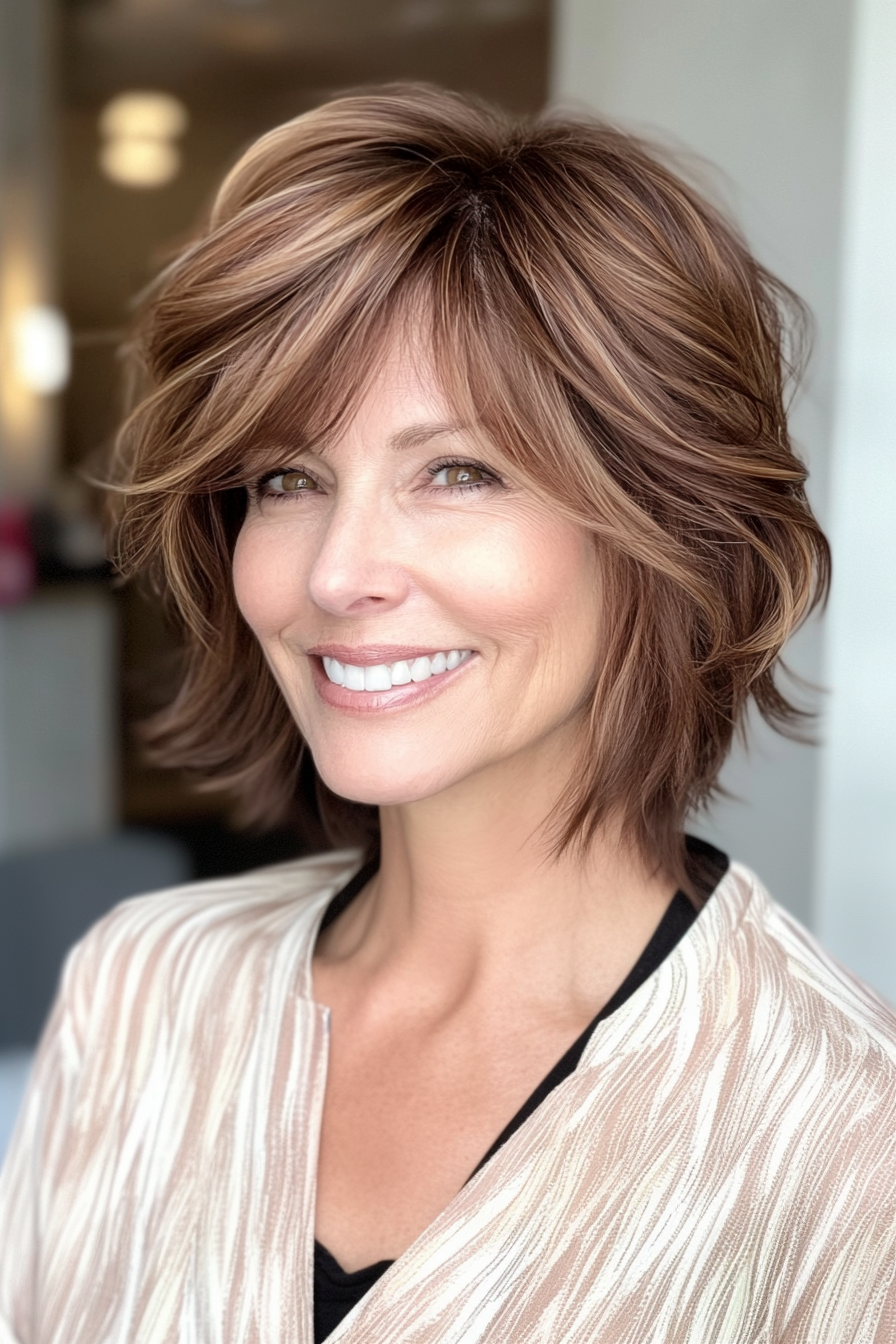 5. Feathered Shag with Chestnut Highlights (Short Hairstyles For Women Over 50 With Thick Hair) - Short Hairstyles For Women Over 50 With Thick Hair