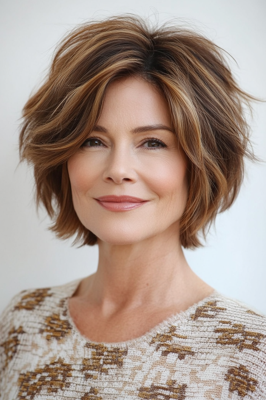 2. Short Stacked Bob with Warm Caramel Balayage (Short Hairstyles For Women Over 50 With Thick Hair) - Short Hairstyles For Women Over 50 With Thick Hair