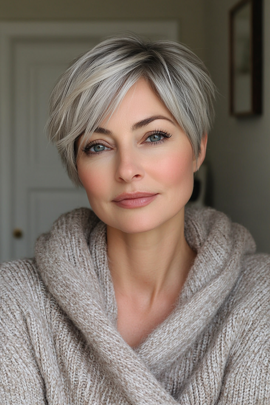 3. Layered Crop with Silver Undertones (Short Hairstyles For Women Over 50 With Thick Hair) - Short Hairstyles For Women Over 50 With Thick Hair
