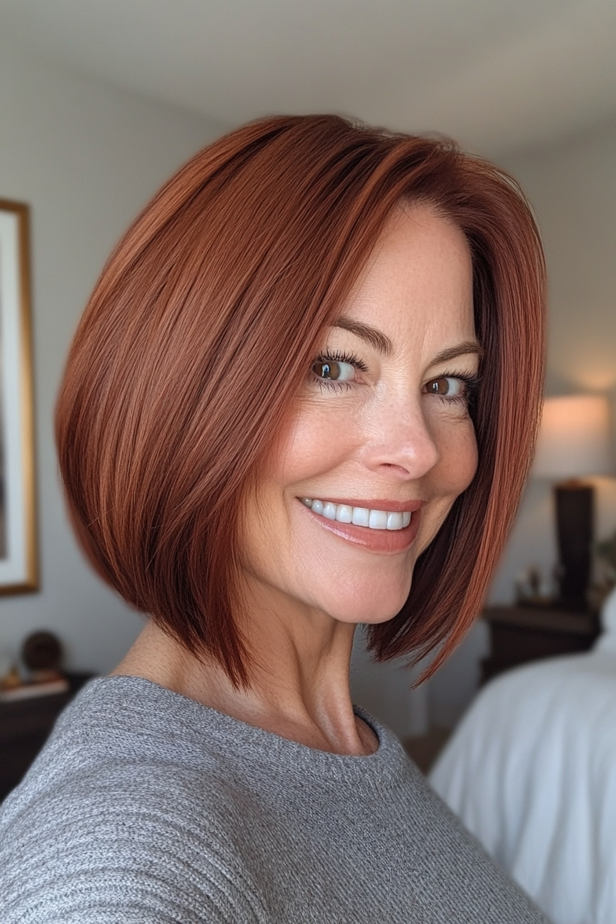 6. Angled Bob in Deep Auburn (Bob Hairstyles For Women Over 50) - Bob Hairstyles For Women Over 50