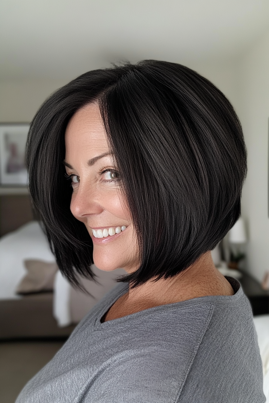 7. Stacked Bob with Natural Black (Bob Hairstyles For Women Over 50) - Bob Hairstyles For Women Over 50