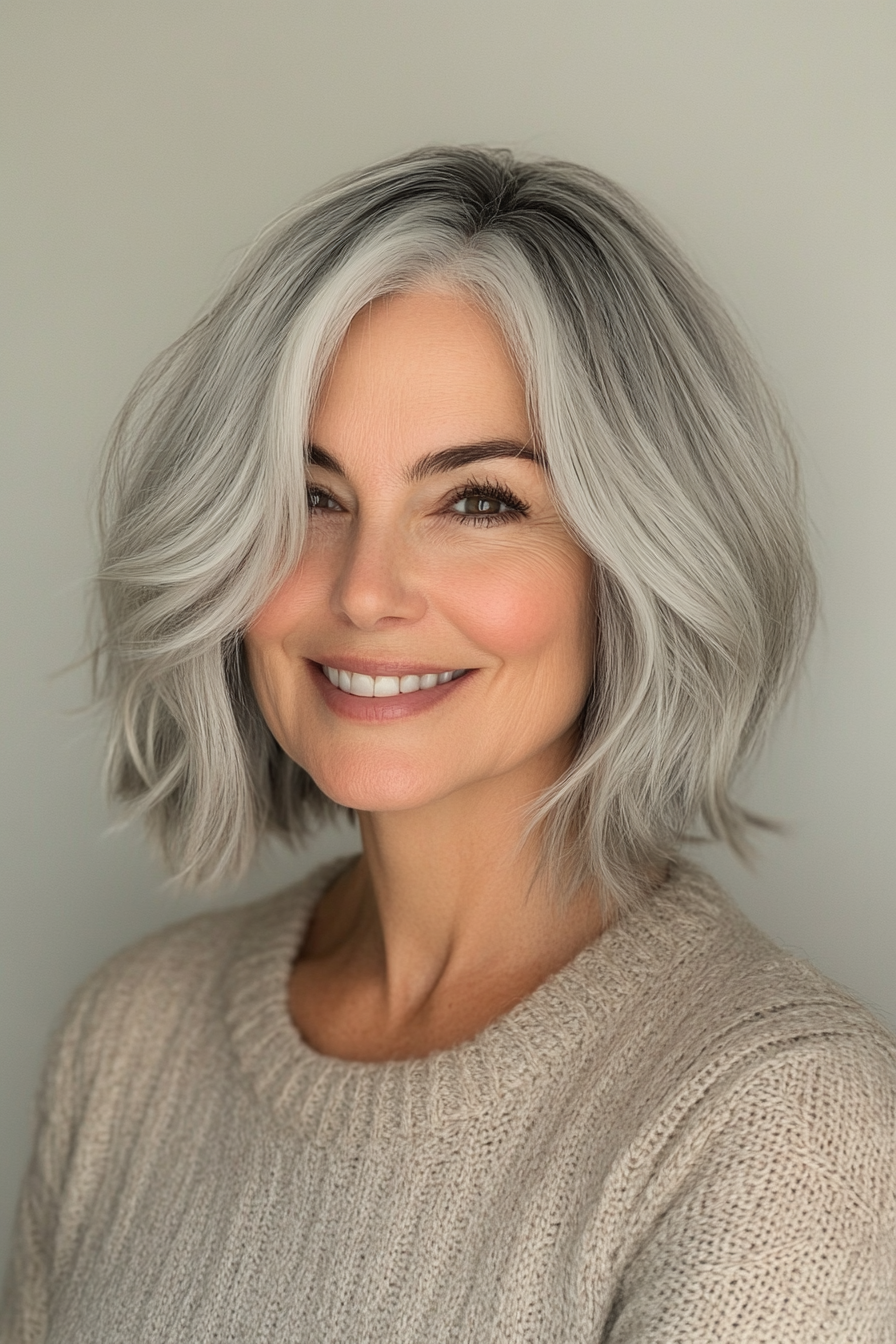 8. Choppy Bob with Salt-and-Pepper Gray (Bob Hairstyles For Women Over 50) - Bob Hairstyles For Women Over 50