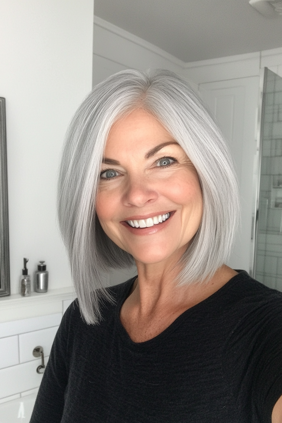 11. Feathered Bob with Silver Gray (Bob Hairstyles For Women Over 50) - Bob Hairstyles For Women Over 50