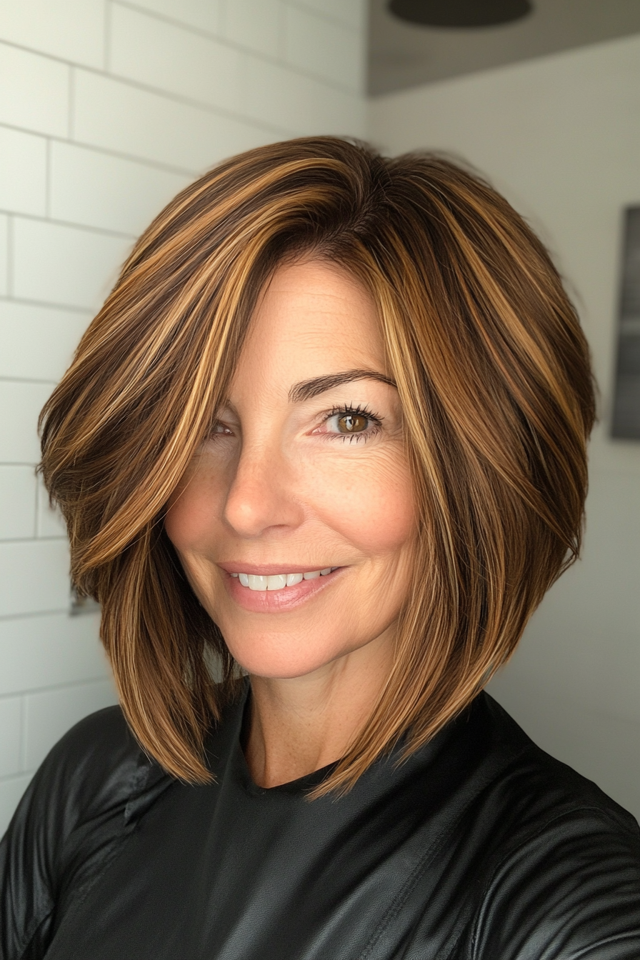 12. Side-Parted Bob in Caramel Brown (Bob Hairstyles For Women Over 50) - Bob Hairstyles For Women Over 50