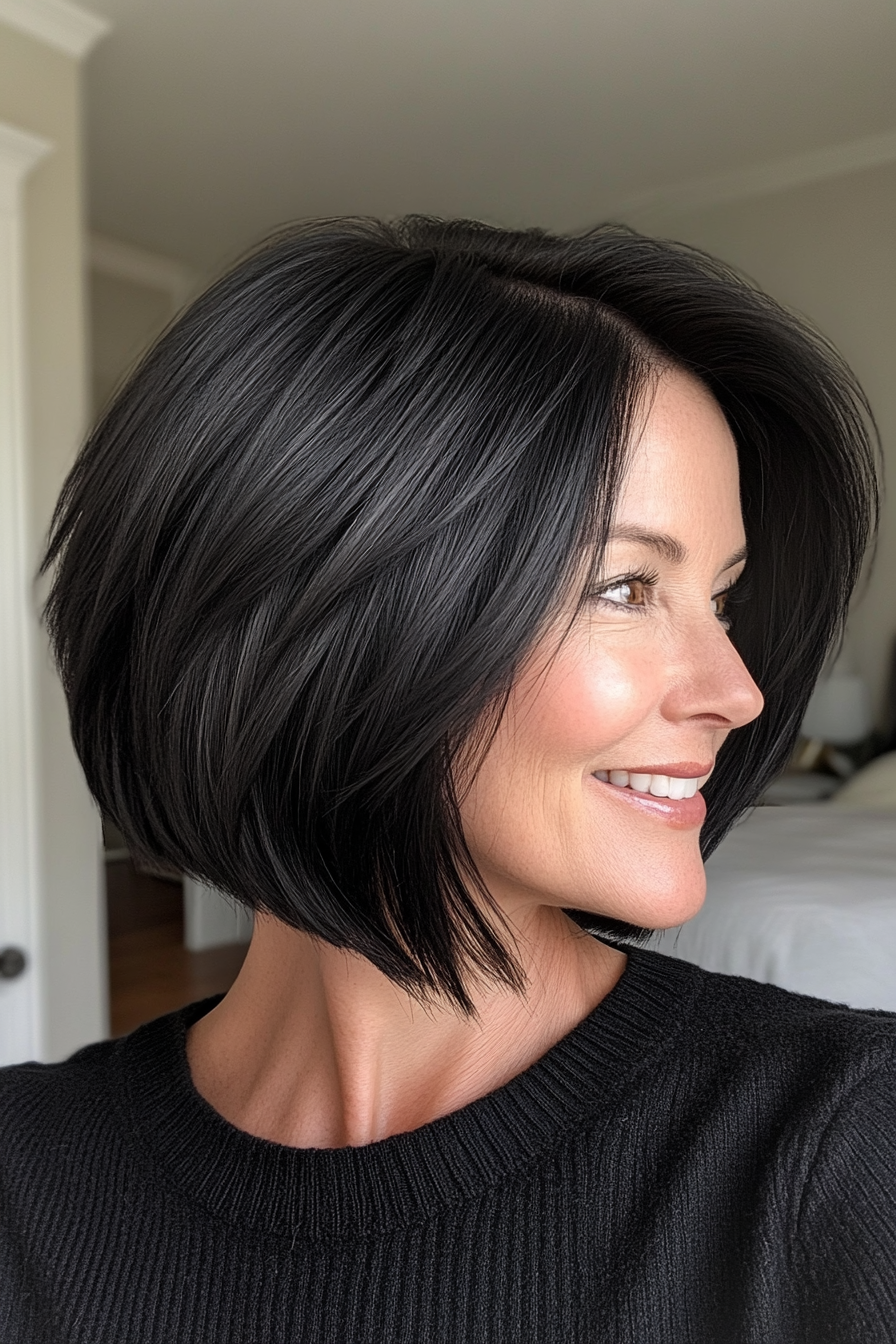 16. Short Layered Bob in Jet Black (Bob Hairstyles For Women Over 50) - Bob Hairstyles For Women Over 50