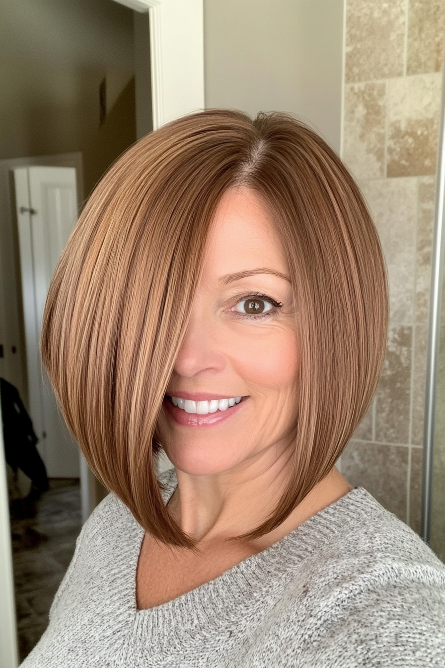 19. Asymmetrical Bob in Light Chestnut (Bob Hairstyles For Women Over 50) - Bob Hairstyles For Women Over 50