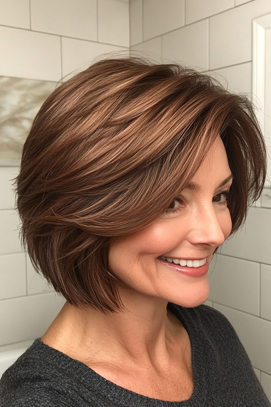 7. Wispy Bob in Warm Chestnut Brown (Short Hairstyles For Women Over 60 With Thin Hair) - Short Hairstyles For Women Over 60 With Thin Hair