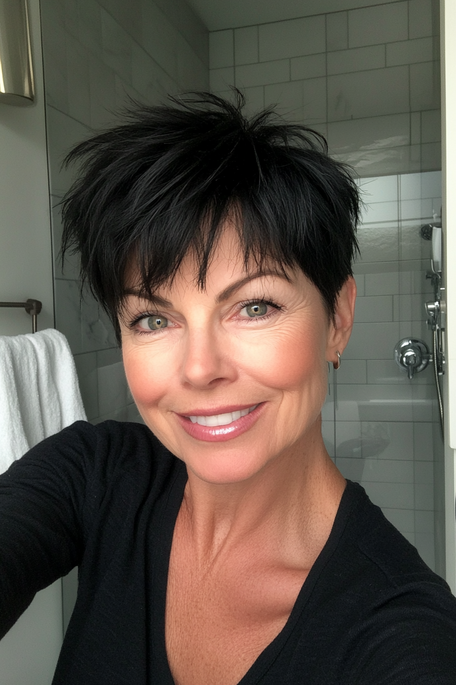 9. Choppy Pixie in Jet Black (Short Hairstyles For Women Over 60 With Thin Hair) - Short Hairstyles For Women Over 60 With Thin Hair