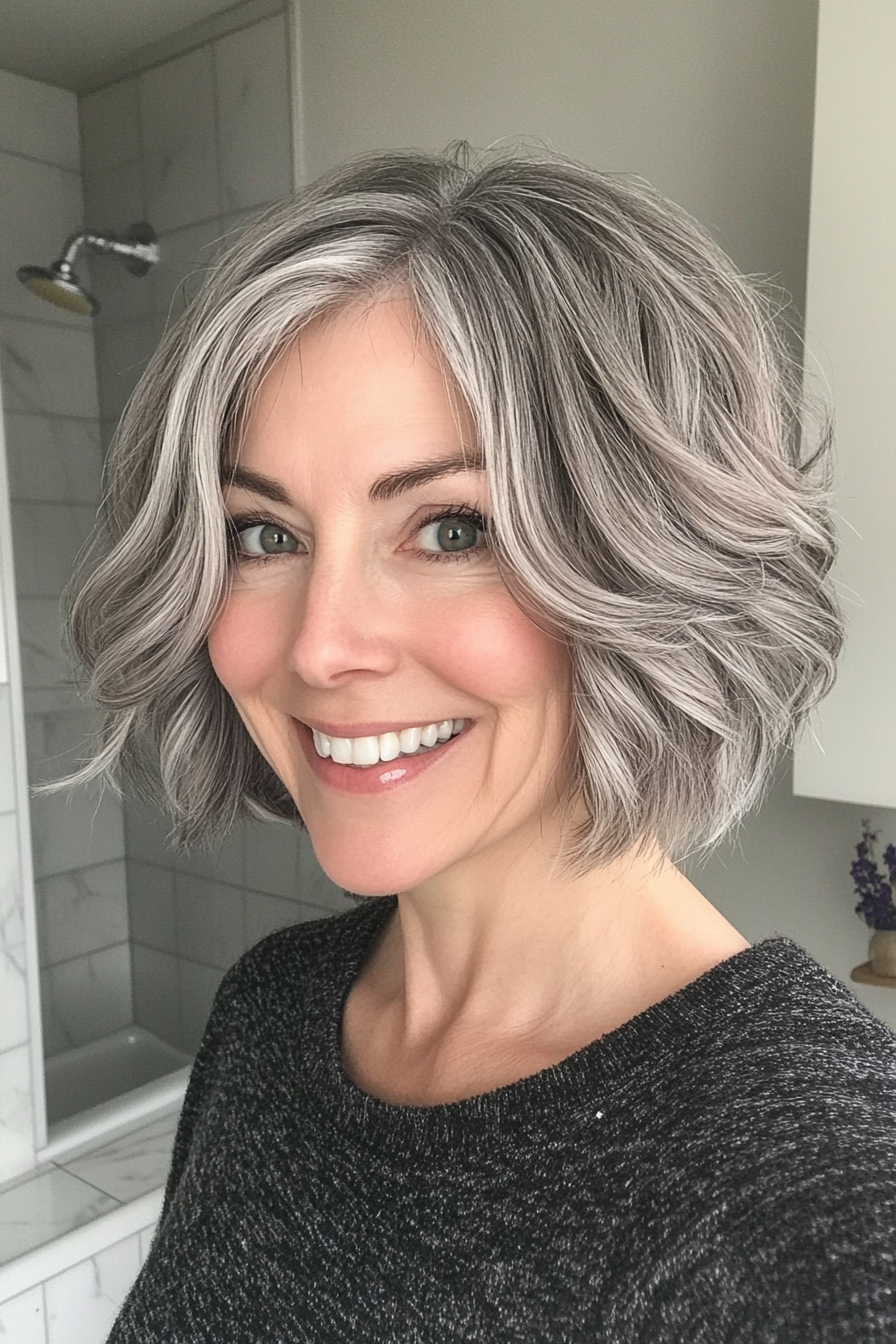 12. Short Wavy Bob in Cool Gray (Short Hairstyles For Women Over 60 With Thin Hair) - Short Hairstyles For Women Over 60 With Thin Hair