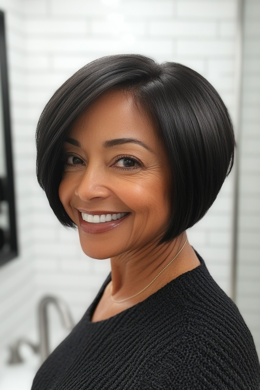18. Classic Short Bob in Ebony Black (Short Hairstyles For Women Over 60 With Thin Hair) - Short Hairstyles For Women Over 60 With Thin Hair