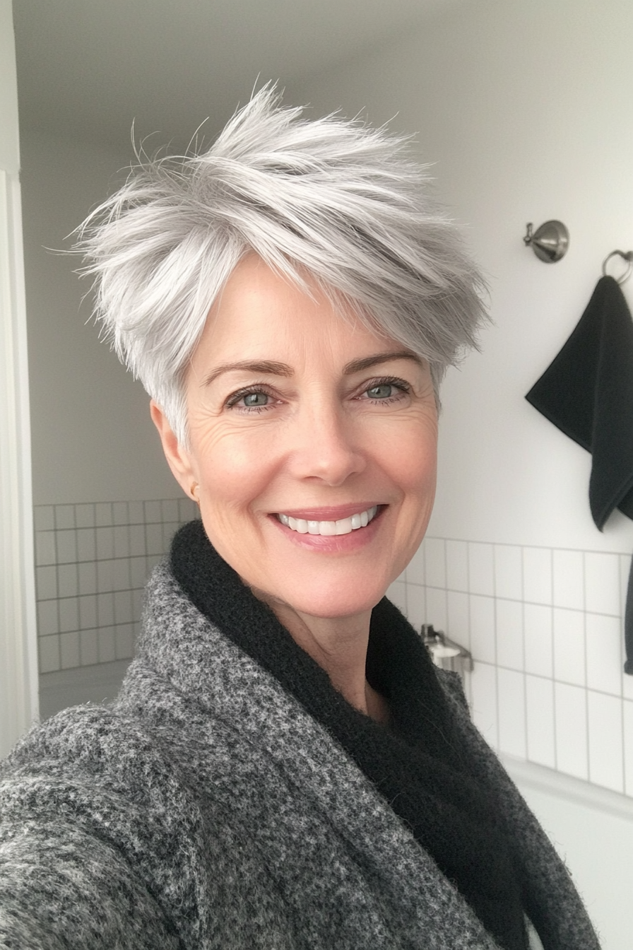 19. Layered Pixie in Frosted Silver (Short Hairstyles For Women Over 60 With Thin Hair) - Short Hairstyles For Women Over 60 With Thin Hair