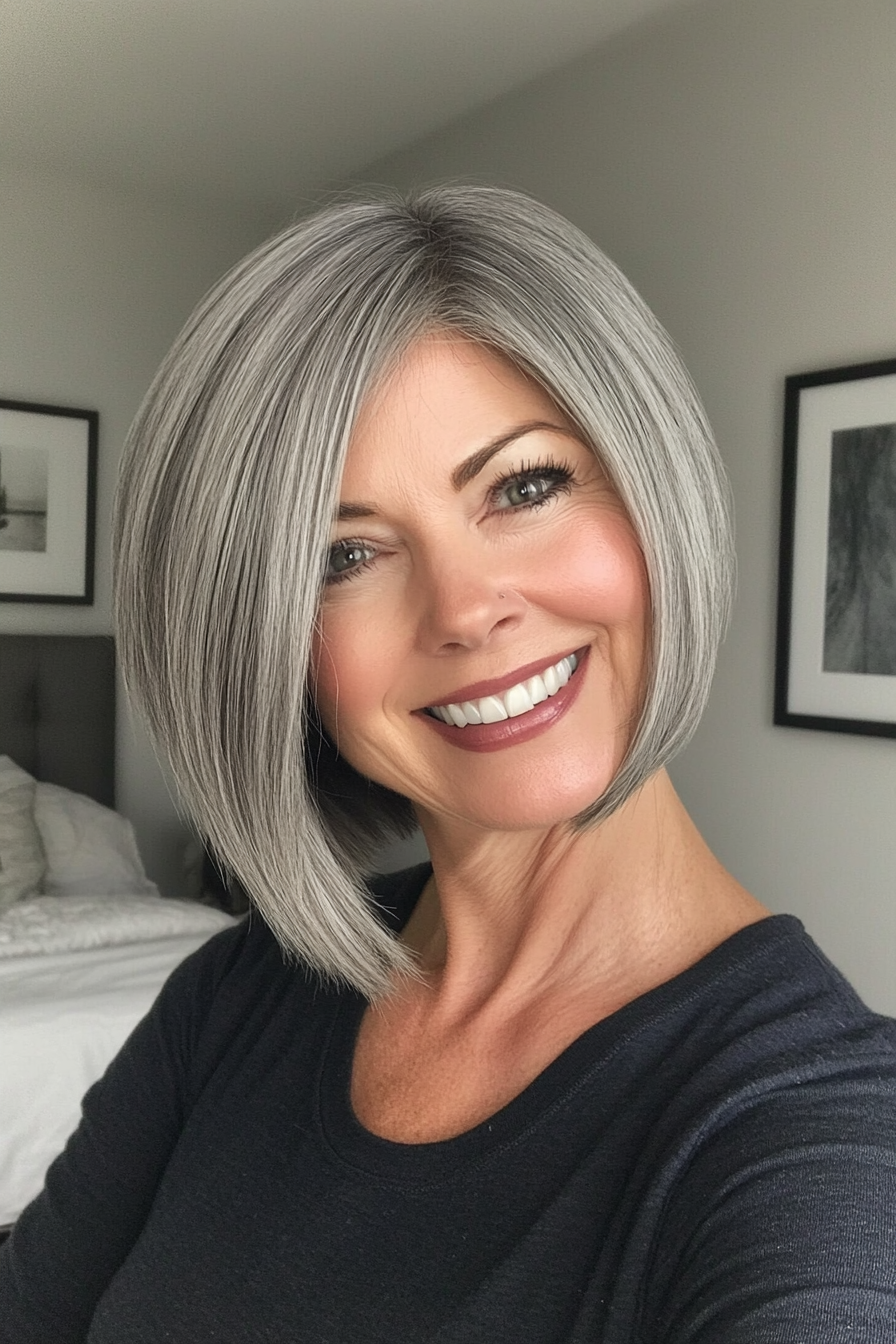 28. Angled Bob in Smoky Gray (Short Hairstyles For Women Over 60 With Thin Hair) - Short Hairstyles For Women Over 60 With Thin Hair