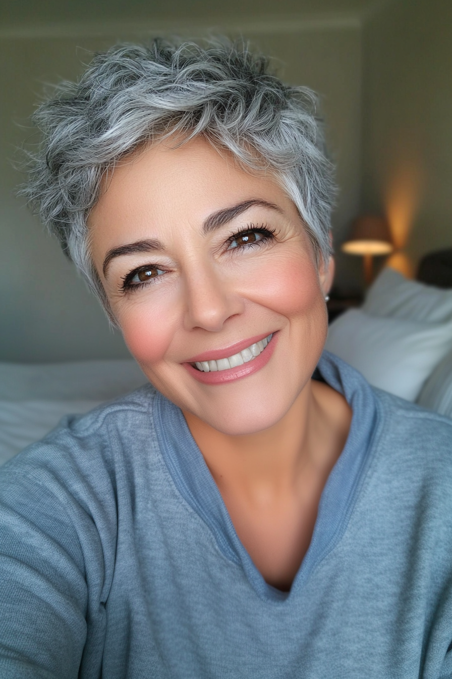 2. Layered Pixie with Silver Highlights (Hairstyles For Older Women With Curly Hair) - Hairstyles For Older Women With Curly Hair