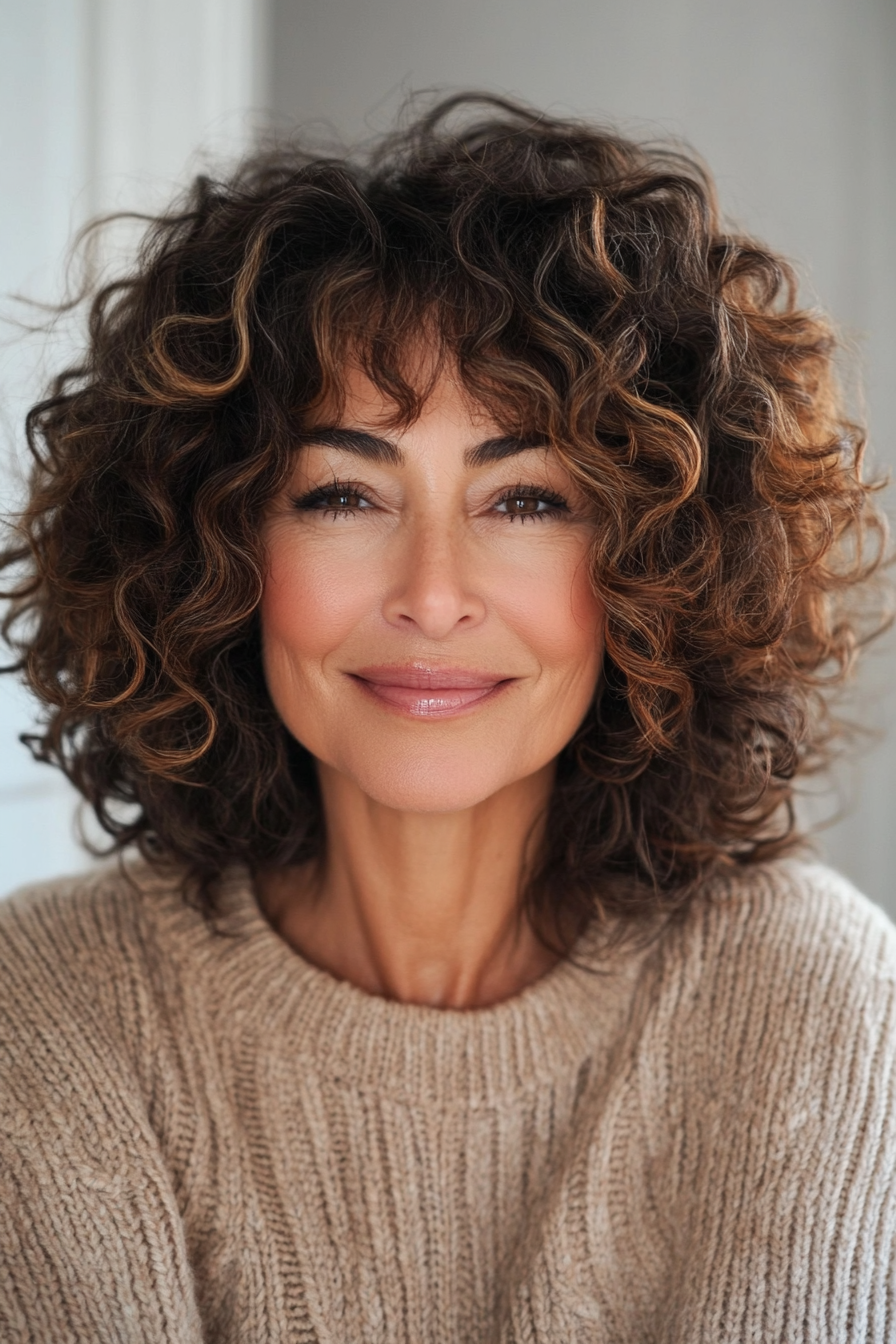 5. Curly Shag with Honey Balayage (Hairstyles For Older Women With Curly Hair) - Hairstyles For Older Women With Curly Hair