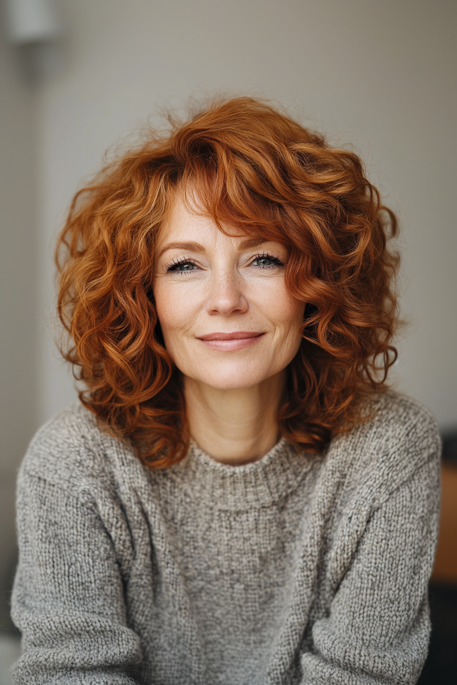 6. Voluminous Lob with Auburn Tint (Hairstyles For Older Women With Curly Hair) - Hairstyles For Older Women With Curly Hair