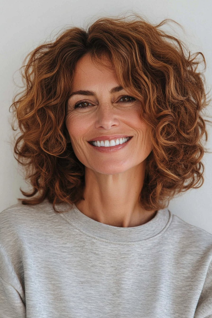 7. Shoulder-Length Curls with Chestnut (Hairstyles For Older Women With Curly Hair) - Hairstyles For Older Women With Curly Hair