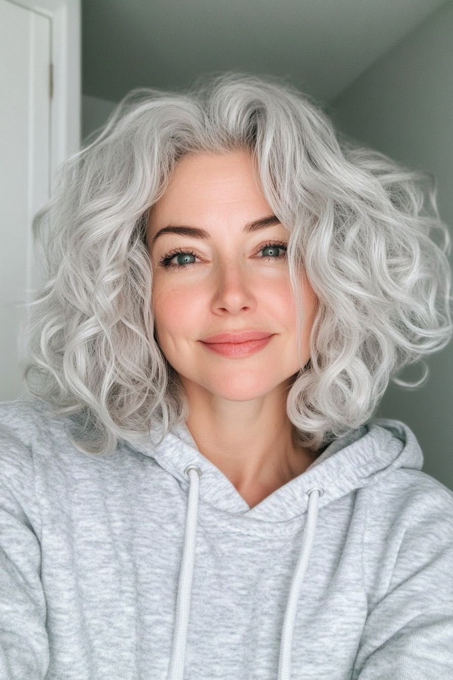 8. Asymmetrical Curly Bob in Platinum (Hairstyles For Older Women With Curly Hair) - Hairstyles For Older Women With Curly Hair