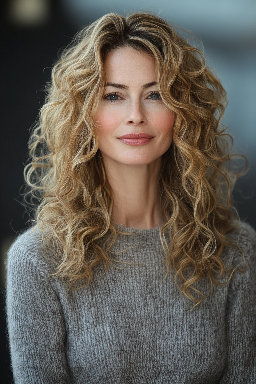 10. Long Curly Layers with Golden Highlights (Hairstyles For Older Women With Curly Hair) - Hairstyles For Older Women With Curly Hair