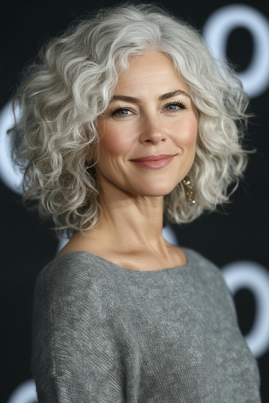 11. Chin-Length Curls with Icy Blonde (Hairstyles For Older Women With Curly Hair) - Hairstyles For Older Women With Curly Hair